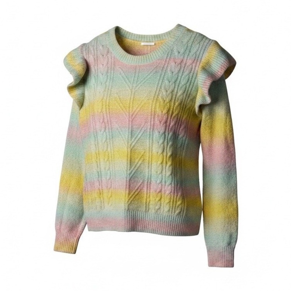Sugar + Lips Pastel Rainbow Cable Knit Ruffle Sweater Medium Ombre Soft Colorful